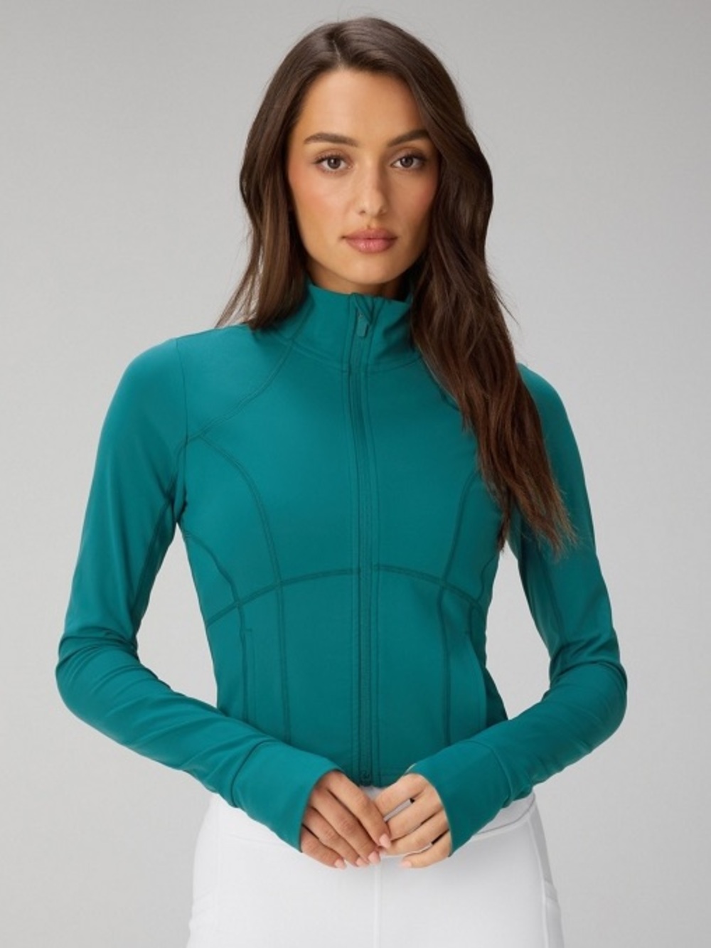 Fabletics Perfect Storm Cropped Train Jacket in Green Abyss